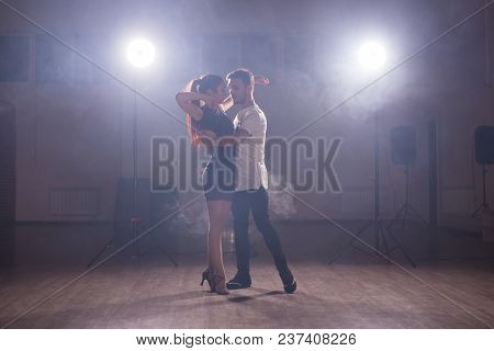 Beauty Couple Dancing Social Danse Kizomba Or Bachata Or Semba Or Taraxia On Grey Background