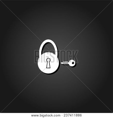 Padlock And Key Icon Flat. Simple White Pictogram On Black Background With Shadow. Vector Illustrati