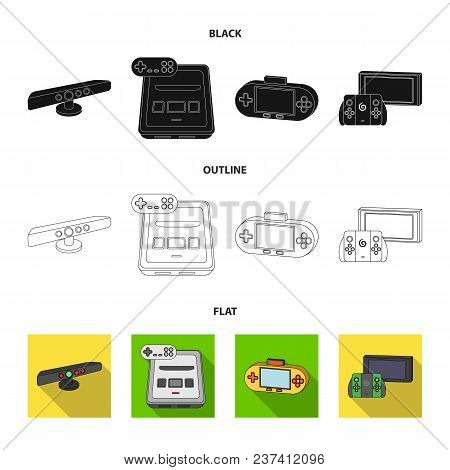 Game And Tv Set-top Box Black, Flat, Outline Icons In Set Collection For Design.game Gadgets Vector 