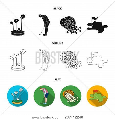 Stand For A Golf Club, Muzhchin Playing With A Club, Basket With Balls, Label With A Flag On The Gol