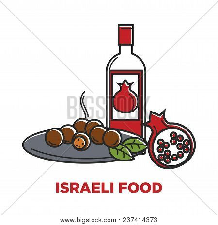 Israeli Food And Granet Wine Travel Agency Promo Poster. Kosher Jewish Dish On Plate And Delicious D