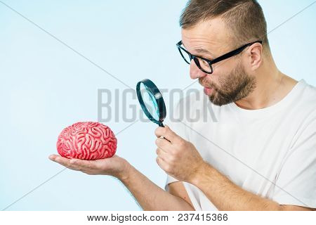 Adult Nerd Man Wearing Eyeglasses Looking At Human Brain Model. Thinking And Intelligence Conept