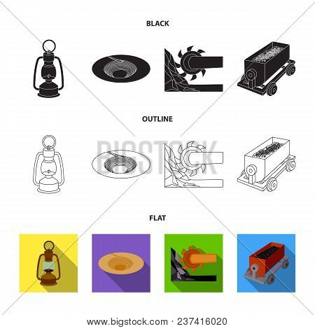 A Miner Lamp, A Funnel, A Mining Combine, A Trolley With Ore.mining Industry Set Collection Icons In