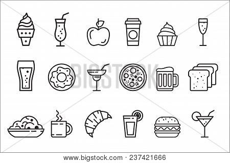 Collection Of Linear Food And Drink Icons. Tasty Meal. Ice Cream, Apple, Cupcake, Donut, Pizza, Toas
