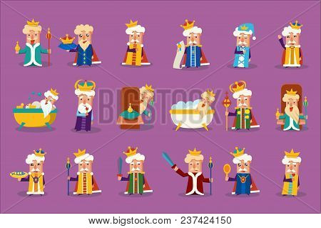 Funny King Character Posing In Different Situations Set, Old Imperior Showing Various Emotions Vecto