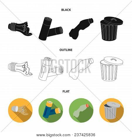 Broken Light Bulb, Used Batteries, Breaking A Plastic Bottle, Garbage Can With A Sign.garbage And Tr