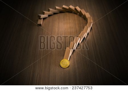 Dominoes Falling And Question Marks With Bitcoin, Business And Financial Concept.
