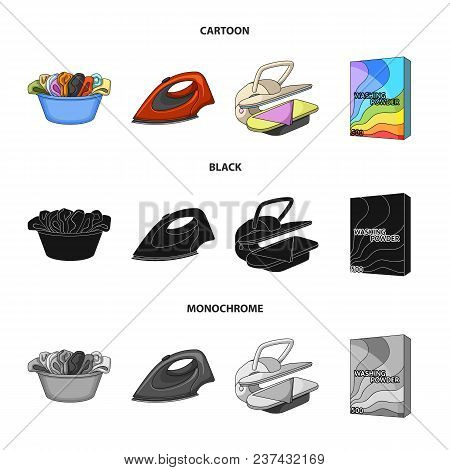 A Bowl With Laundry, Iron, Ironing Press, Washing Powder. Dry Cleaning Set Collection Icons In Carto