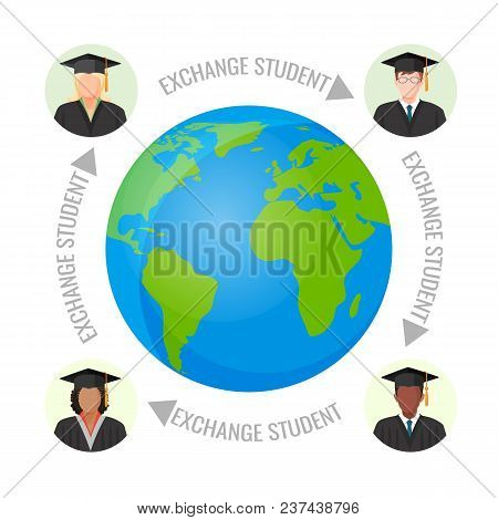 Exchange Student Program Promo Banner With Earth Planet And Youth In Form Of Graduate. Education For