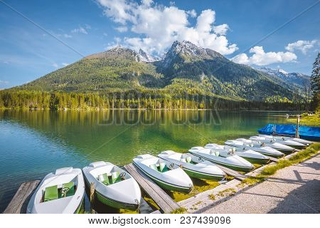 Beautiful View Of Traditional Passenger Boats On Scenic Hintersee Lake On A Beautiful Sunny Day In S