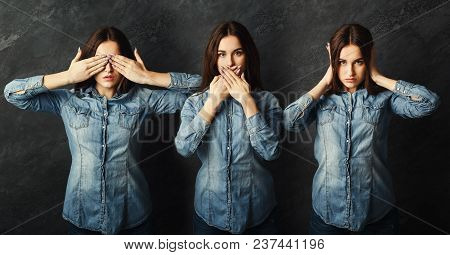 Set Of Feamle Portraits Gesturing See, Hear And Speak No Evil. Collage Of Young Woman Emotions At Gr