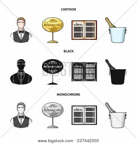 Waiter, Reserve Sign, Menu, Champagne In An Ice Bucket.restaurant Set Collection Icons In Cartoon, B