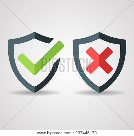 Tick Mark Approved Icon Vector On White Background. Denied Disapproved Sign. Shield With Green Check