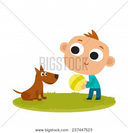 Boy Playing With Dog, Cartoon Vector Illustration Isolated On White Background. Kid And Dog Riendshi