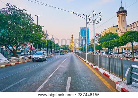 Yangon, Myanmar - February 16, 2018: The Early Morning In Downtown - Almost Empty Sule Road With The