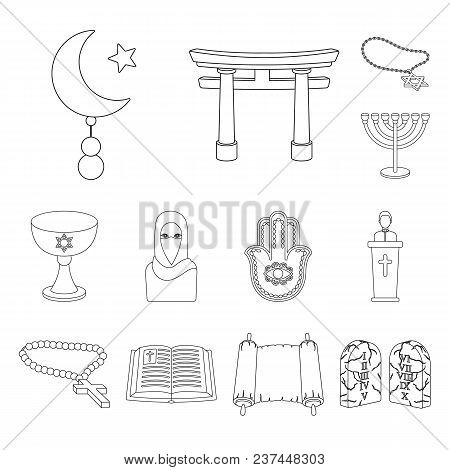 Religion And Belief Outline Icons In Set Collection For Design. Accessories, Prayer Vector Symbol St