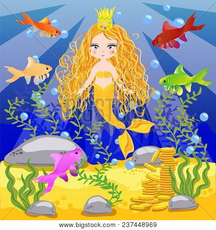 Vector Background With An Underwater World In A Children's Style. A Mermaid Is Sitting On A Rock. Wo