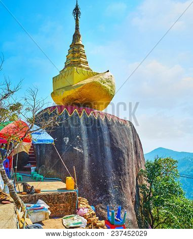 The Golden Stupa On Small Granite Rock Is The Shrine, Located On The Way To Kyaiktiyo Pagoda On Kyit