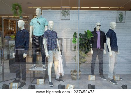 Bracknell, England - April 23, 2018: Window Display Of Spring Fashion Clothing For Men In The Next R