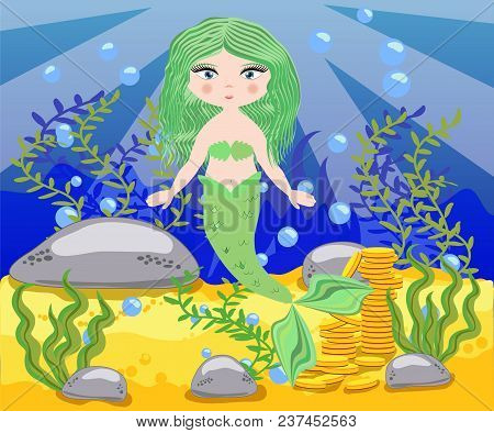 Vector Background With An Underwater World In A Children's Style. A Mermaid Is Sitting On A Rock. Wo