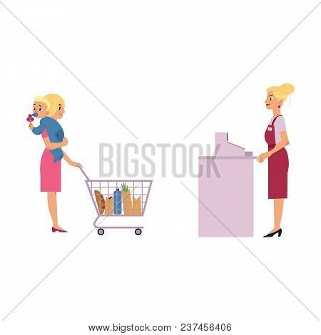 Supermarket Cash Desk With Female Cashier In Uniform And Apron Behind Equipment And Young Mother Wit