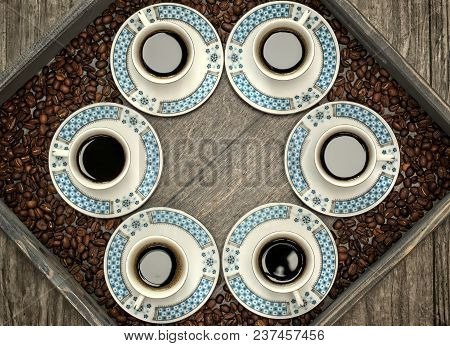 Cups With Coffee,pattern And Design Concept-six Cups Of Coffee On A Wooden Tray.