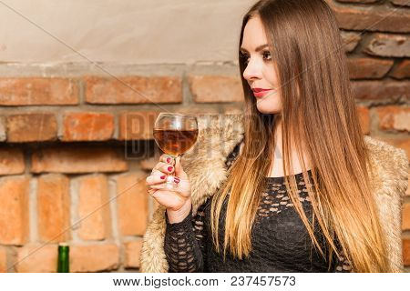 Elegant Beauty Lady Long Hair Full Make Up Wearing Black Dress Tasting Wine In Rural Cottage Interio