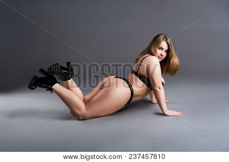 Plus Size Sexy Model In Lingerie, Fat Woman On Gray Studio Background, Overweight Female Body, Full 