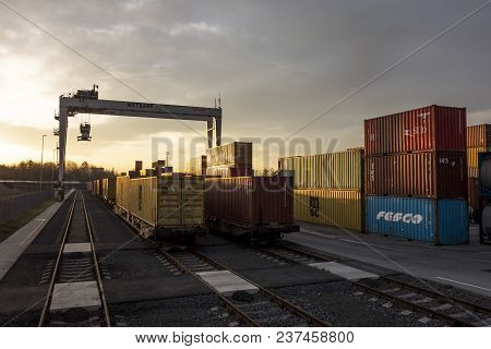 Senov U Ostravy, Czech Republic - April 11, 2018. Container Terminal For Unloading Goods From Trains