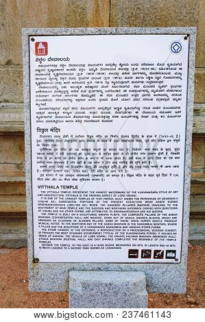 Hampi, India - November 20, 2012: Signpost For Tourists About Vitthala Temple In Hampi, Karnataka, I