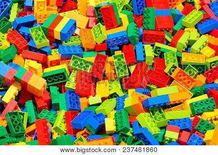 Plastic Toy Blocks Erector Set For Children As A Background. Selective Focus.