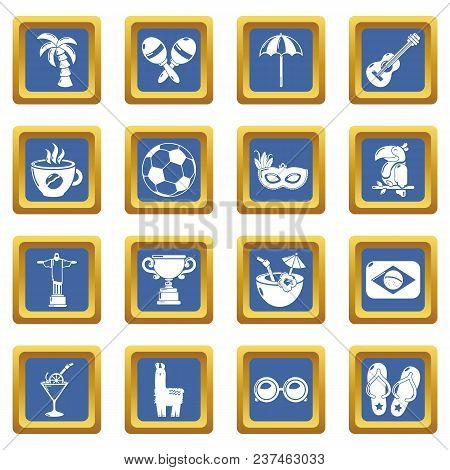 Travel Brazil Icons Set Vector Blue Square Isolated On White Background