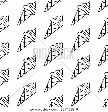 Cute Cartoon Ice Cream Pattern With Hand Drawn Ice Cream. Sweet Vector Black And White Ice Cream Pat