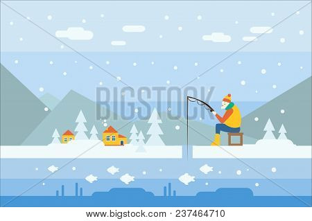 Cartoon Man Character Fishing On Frozen Lake. Snowy Winter Day. Mountains, Blue Sky, Houses And Tree