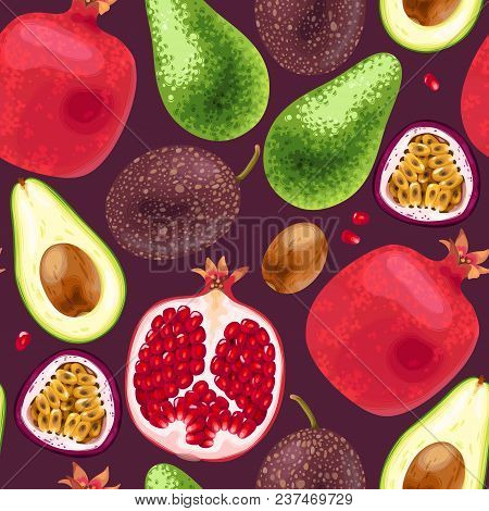 Seamless Vector Pattern With Tropical Fruit On Dark Background