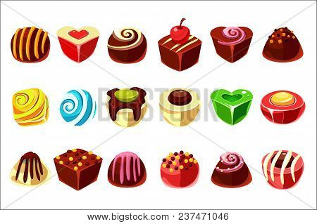 Set Of Tasty Candies With Various Filling. Delicious Chocolate Sweets In Different Shapes Ball, Hear