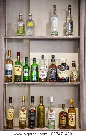 Ufa, Russia January 14, 2018: Bottles With Alcohol On The Shelves In The Bar