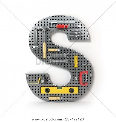 Letter S. Alphabet from the tools on the metal pegboard isolated on white.  3d illustration
