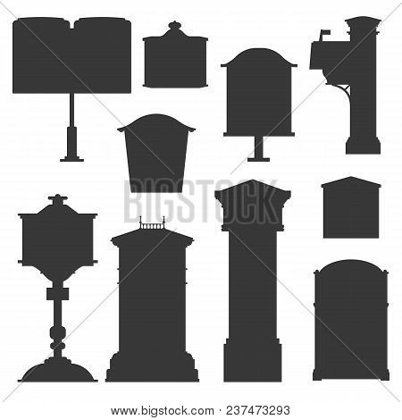 Vintage Street English Post Boxes And Mailboxes Icons. Outline Monochrome Classic Mail Letterboxes S