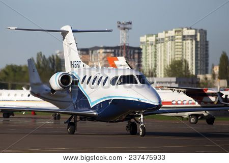 Kiev, Ukraine - April 25, 2014: M-vbpo Raytheon 390 Premier 1a Business Aircraft Running To The Kiev