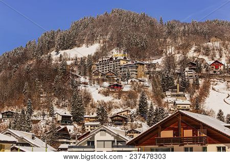 Engelberg, Switzerland - 9 March, 2016: Buildings Of The Town Of Engelberg. Engelberg Is A Resort To