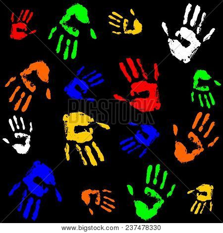 Pattern. Sketch Of Palm Prints Of A Person. Colorful .black Background. Vector