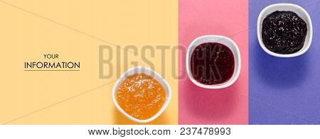 Three Bowls With Raspberry, Orange, Blueberry Black Currant Jam Pattern Isolated  Background. Top Vi