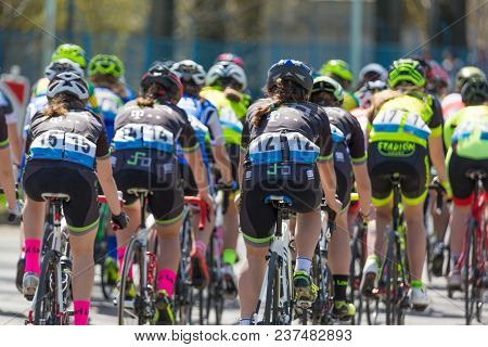 Kyjov, Czech Republic - April, 2018: Many Bicyclists On The Race In Kyjov Town, Czech Republic. Sele