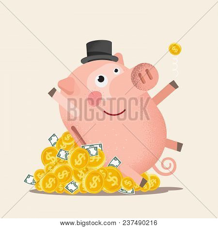 Happy Piggy Bank With Coins. Vector Illustration Flat