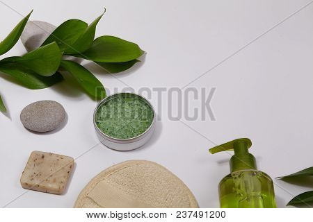 Spa Background With Bath Accessories, Face And Body Care. Set For Personal Care. Clean Skin With Bru