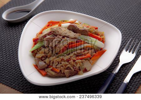 Delicious Chinese Chicken With Fried Rice And Carrots, Onion, Ginger, Fresh Chives