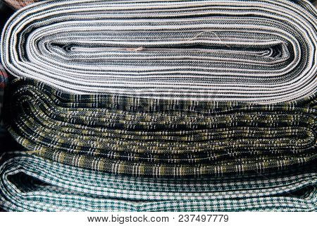 Different Types Of Fabrics Lie On Each Other. Texture