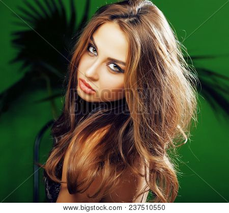 Young Cute Blonde Woman On Green Palm Background Smiling Happy, Lifestyle Peole Concept Close Up