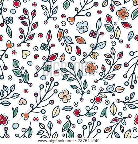 Flower And Grass. Cute Twigs With Leaves. Scandinavian Style Seamless Pattern